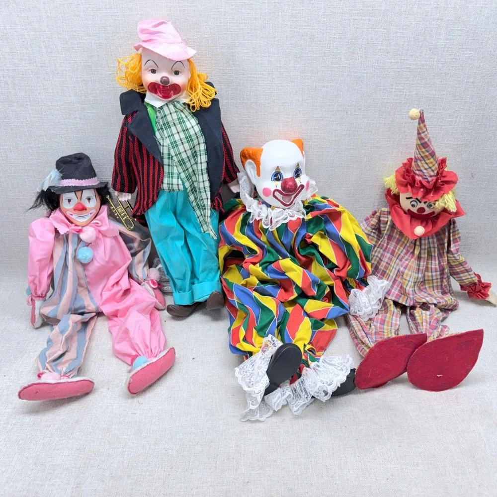 Vintage Clown Doll Lot of 4 Porcelain Ceramic Plastic Circus Decor Mid Century
